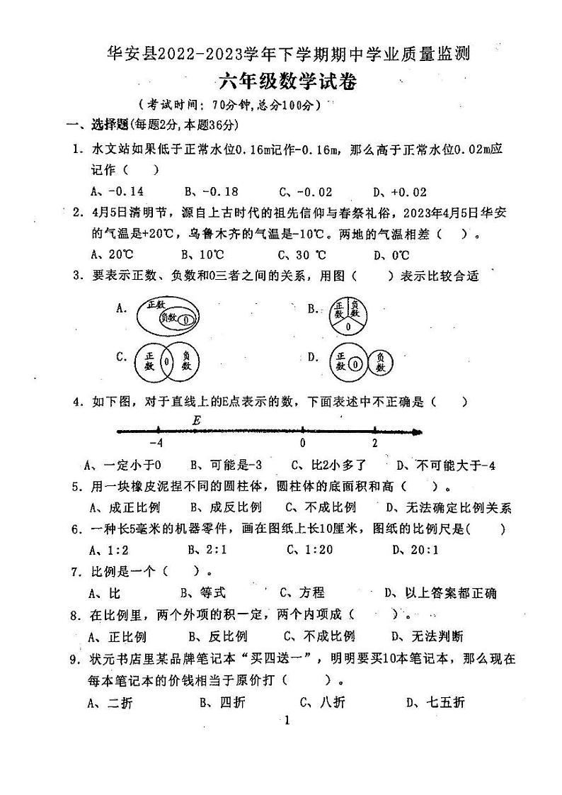 福建省漳州市华安县2022-2023学年六年级下学期期中学业质量监测数学试题第1页