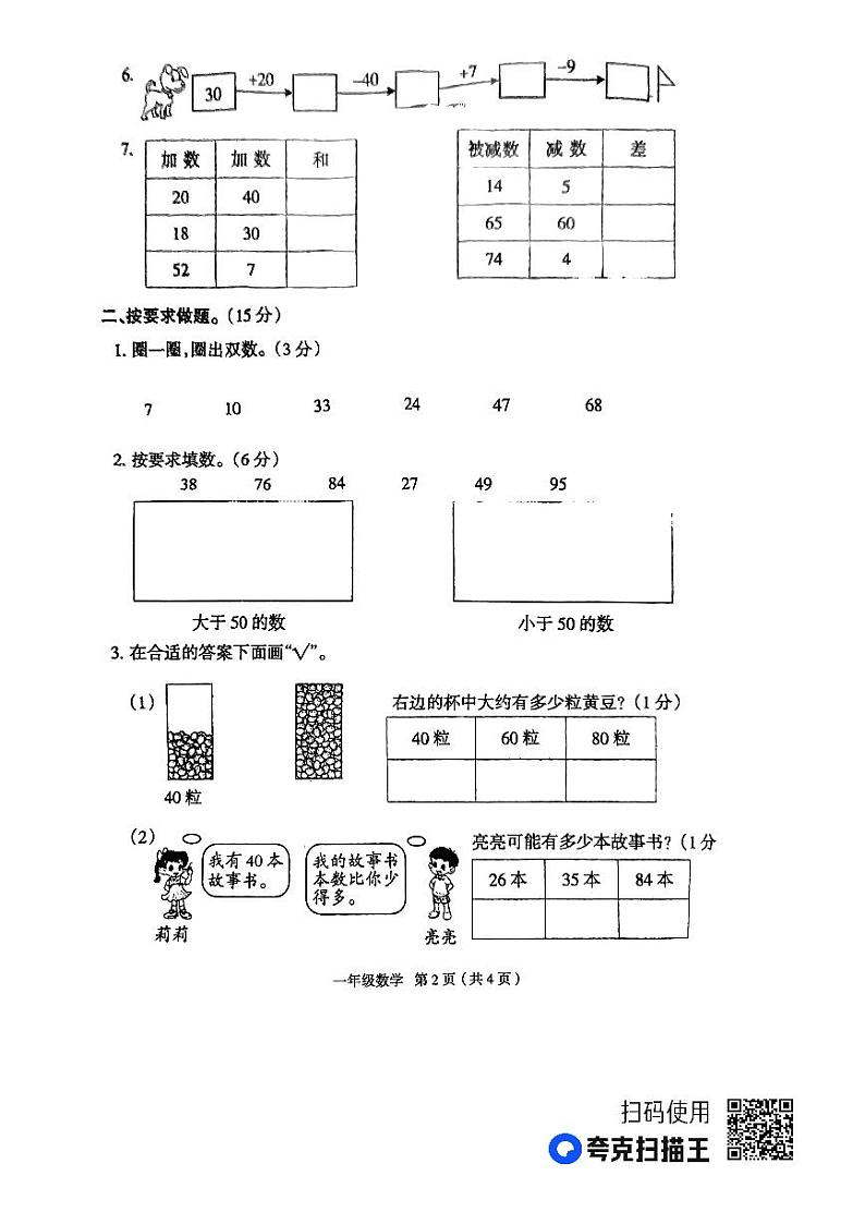 河南省周口市太康县2022-2023学年一年级下学期期中数学试题02