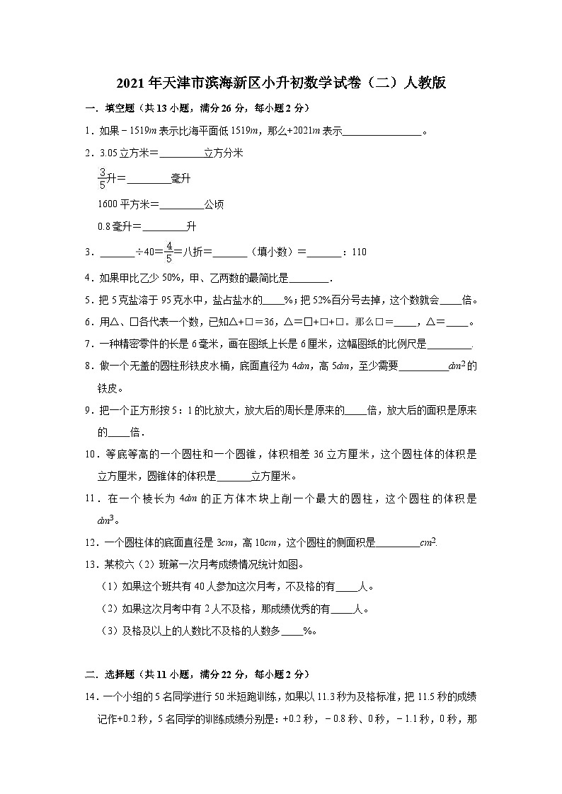 【小升初真题卷】六年级下册数学试题  2021年天津市部分区小升初数学试卷（一）人教版（解析版）（含解析）第1页