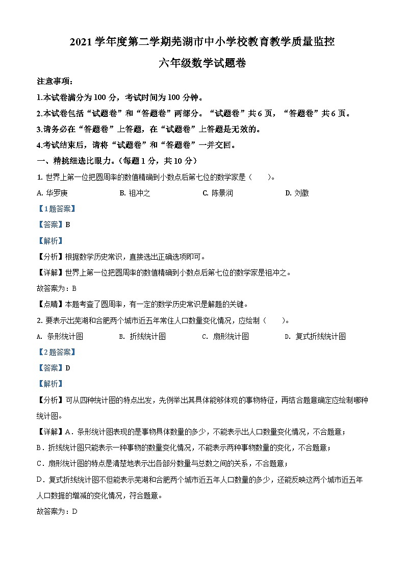 【小升初真题卷】安徽省芜湖市2021年人教版小升初考试数学考试（原卷版+解析版）01