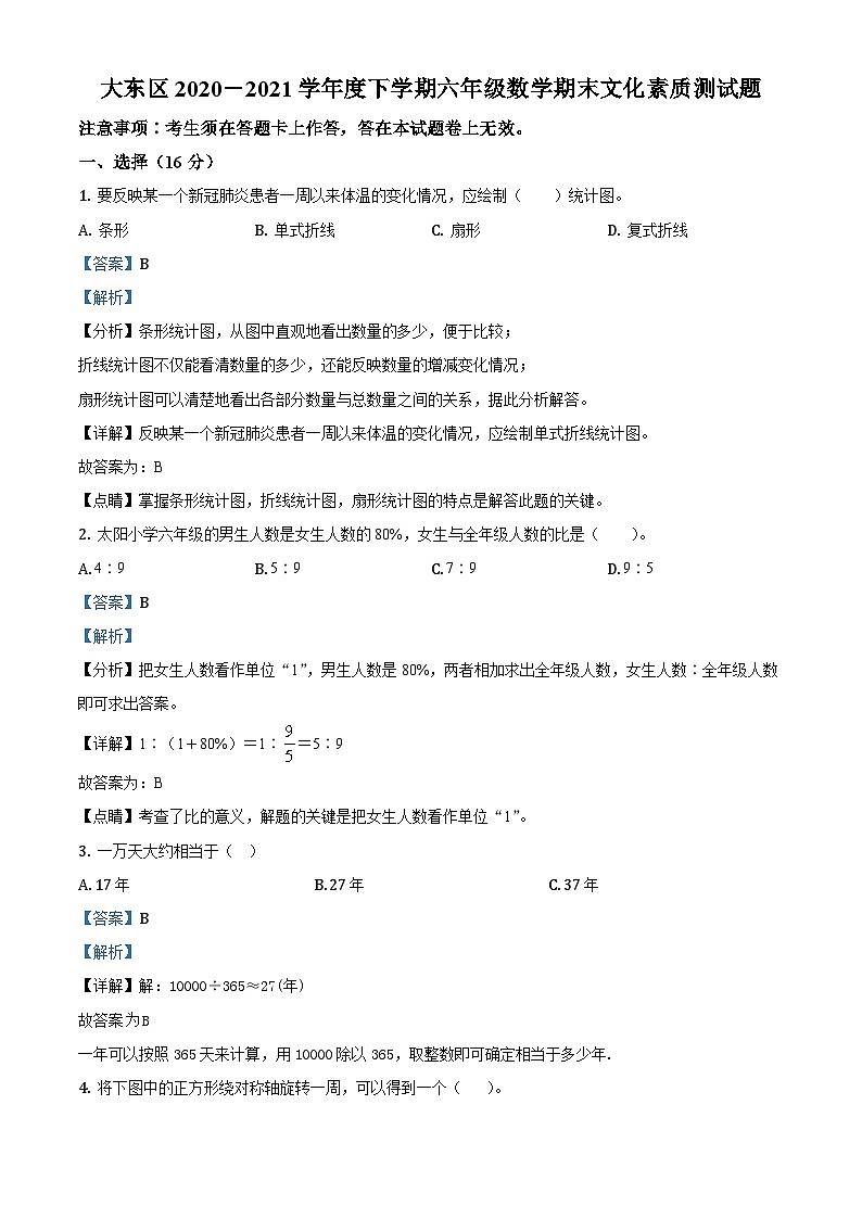 【小升初真题卷】2020-2021学年辽宁省沈阳市大东区北师大版六年级下册期末测试数学试卷（解析版）第1页