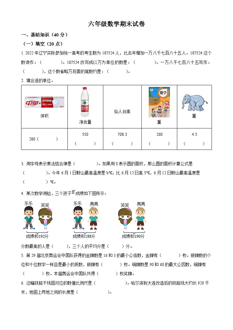 【小升初真题卷】2021-2022学年辽宁省鞍山市铁东区人教版六年级下册期末测试数学试卷（原卷版）第1页