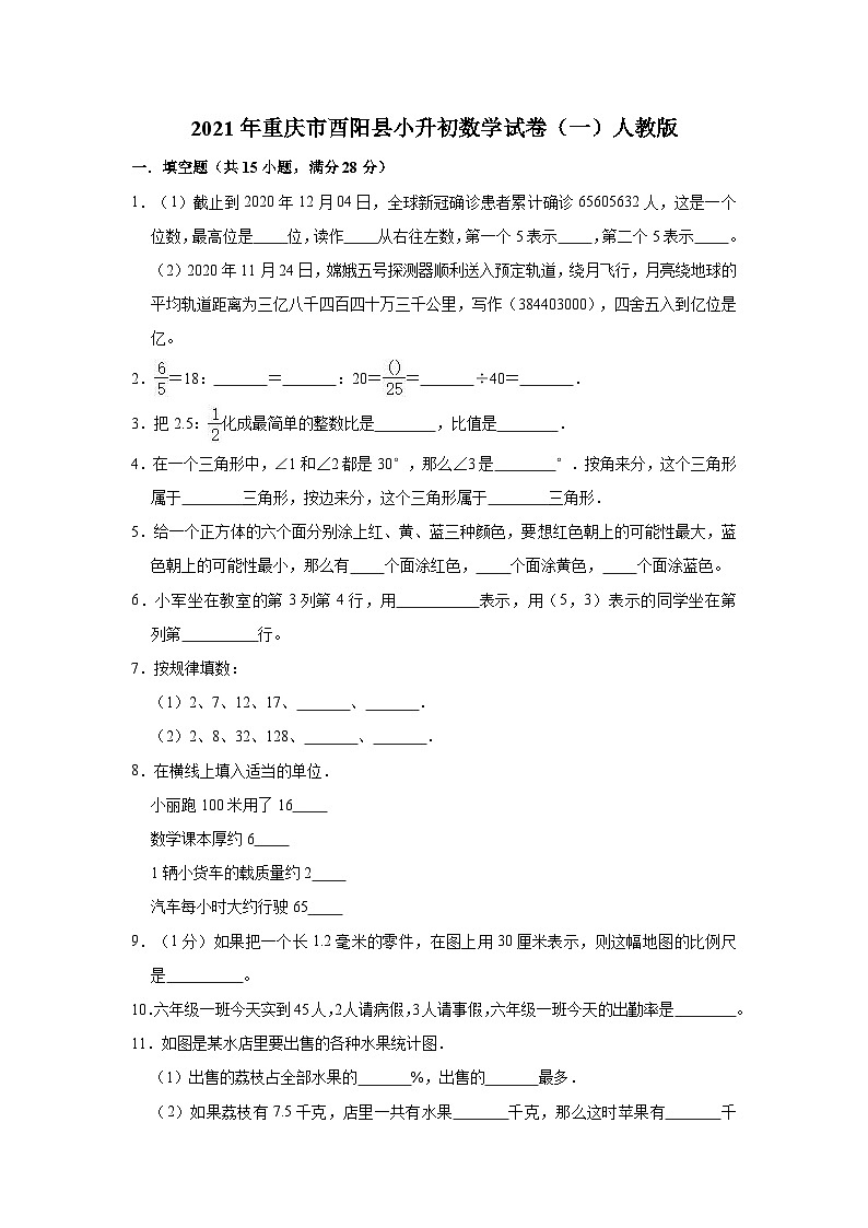 【小升初真题卷】六年级下册数学  2021年重庆市酉阳县小升初数学试卷（一）人教版（解析版）（含解析）第1页