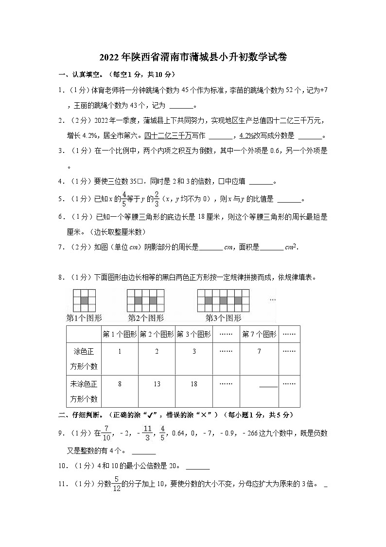 【小升初真题卷】2022年陕西省渭南市蒲城县小升初数学试卷（含解析）第1页