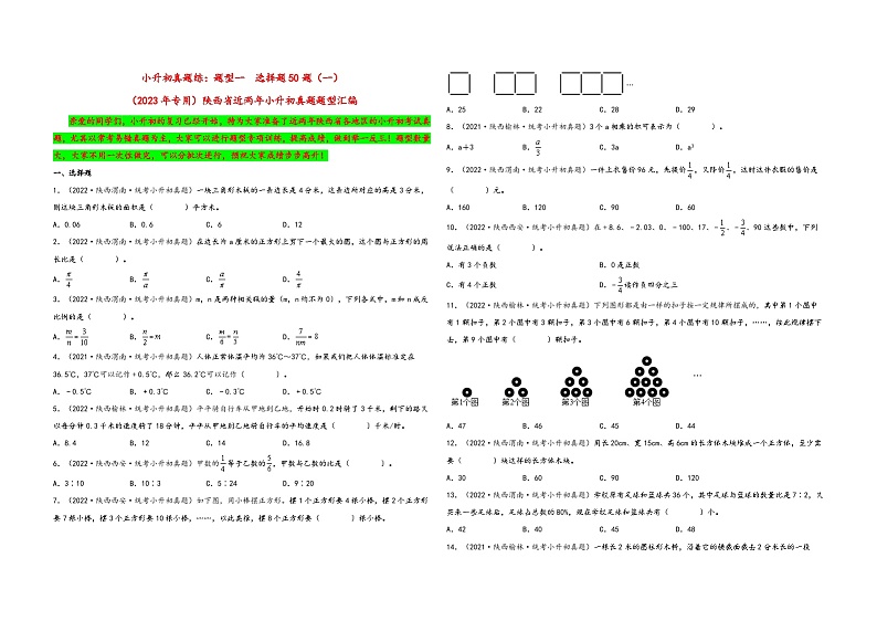 题型一  选择题50题（一）——（2023专用）2021+2022年陕西省各地区小升初真题题型汇编（通用版）（含解析）第1页