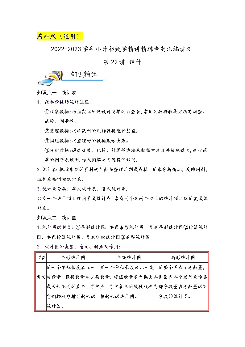 第22讲 统计——2022-2023学年小升初数学基础版真题专项汇编讲义（原卷版+解析版）01