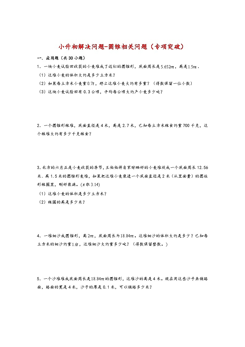 2022-2023学年小升初数学通用版应用题专项高频考点真题特训：圆锥相关问题第1页