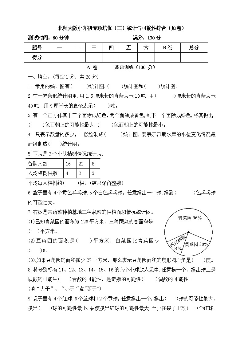 小升初北师大版数学专项培优（三）统计与可能性综合（原卷版）第1页