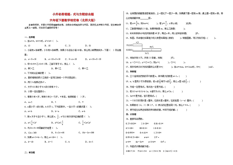 小升初北师大版数学易错题培优卷：式与方程综合题第1页