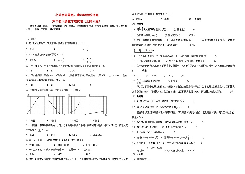 小升初北师大版数学易错题培优卷：比和比例综合题第1页
