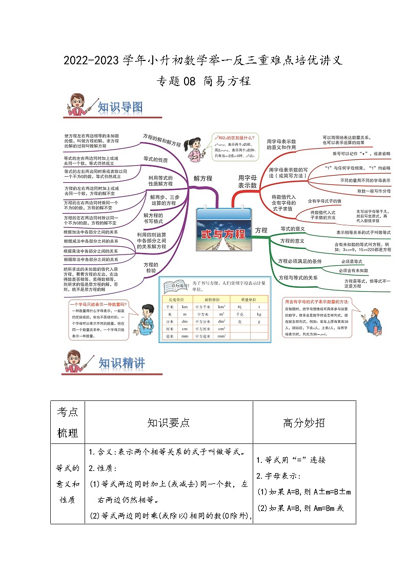 专题08《简易方程》 ——2022-2023学年小学数学六年级下册小升初全国通用版专题复习讲义（原卷版）第1页