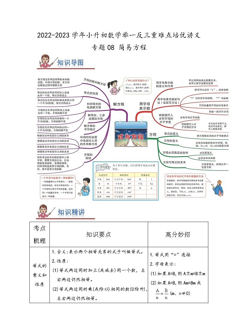 专题08《简易方程》 ——2022-2023学年小学数学六年级下册小升初全国通用版专题复习讲义（解析版）第1页