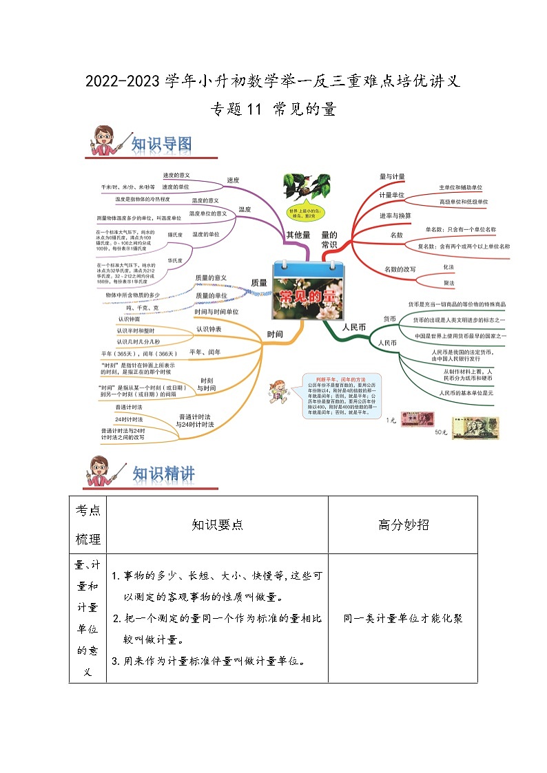 专题11《常见的量》 ——2022-2023学年小学数学六年级下册小升初全国通用版专题复习讲义（原卷版）第1页