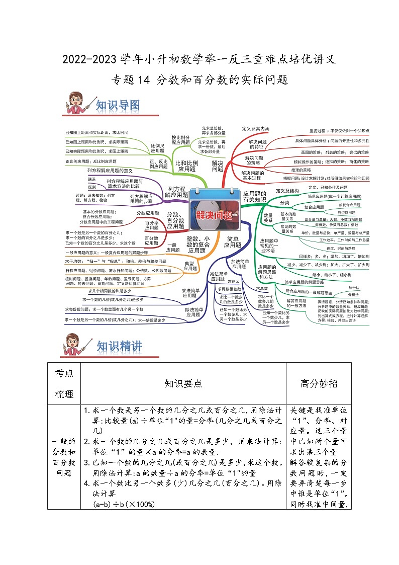 专题14《分数和百分数的实际问题》 ——2022-2023学年小学数学六年级下册小升初全国通用版专题复习讲义（解析版）第1页