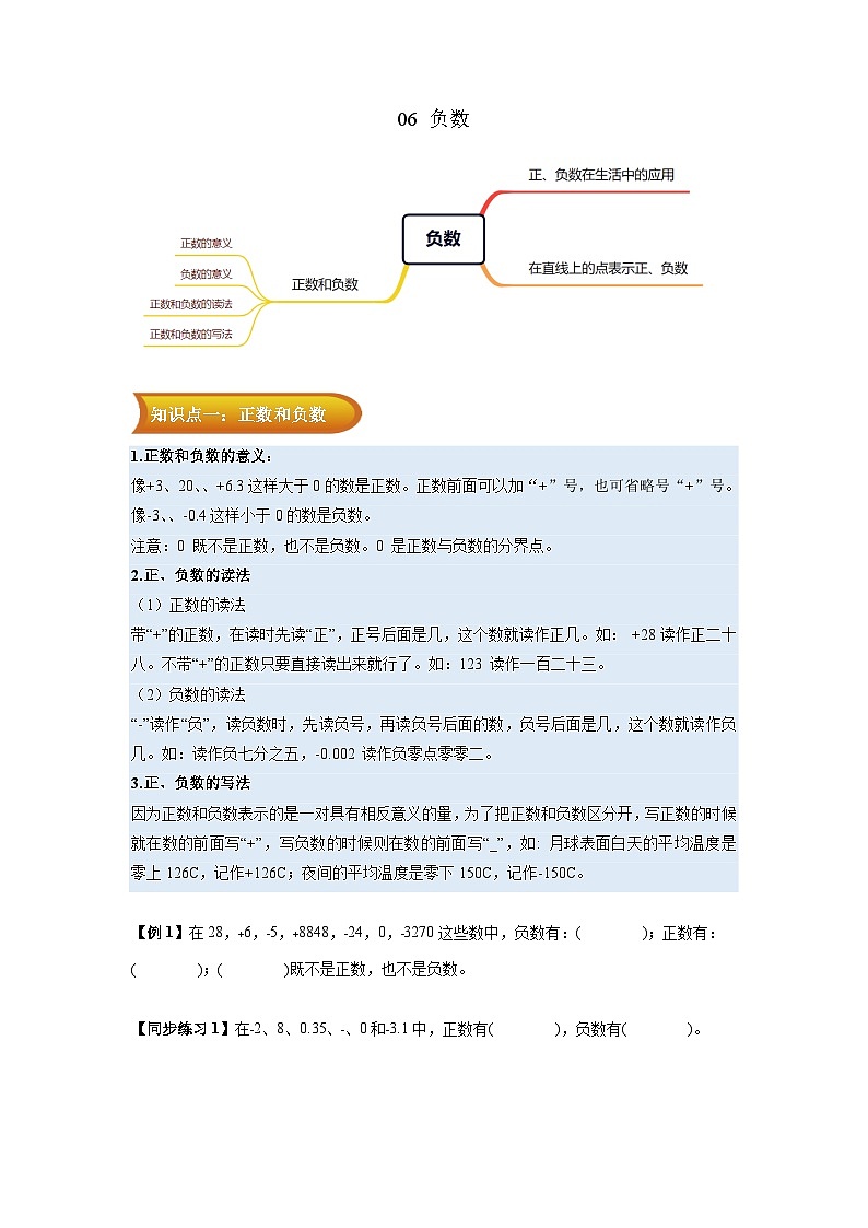 2023学年六年级下册数学人教版专题复习（知识点讲解+真题演练）：06 负数01