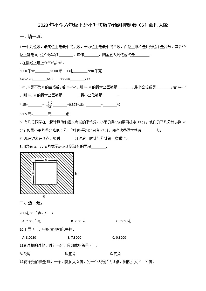 2023年小学数学六年级下册小升初押题卷（6）西师大版第1页