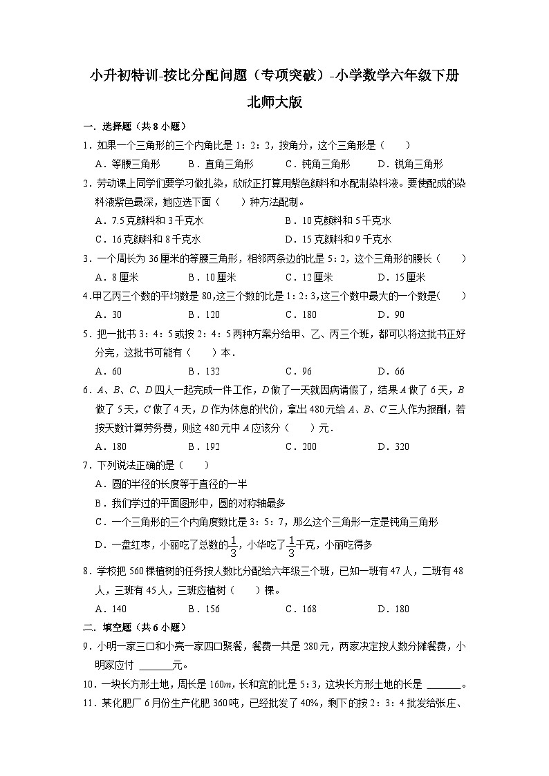 小学数学六年级下册北师大版小升初专题特训：工程、行程问题（同步练习）学案第1页