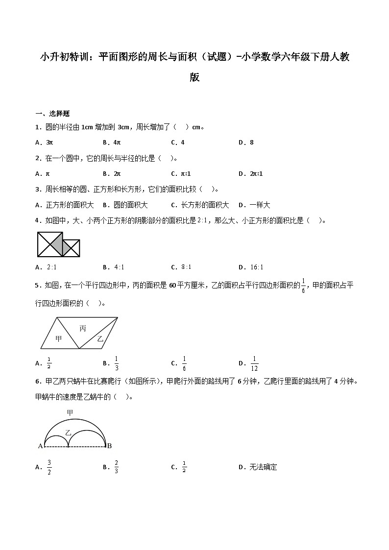 小学数学六年级下册小升初人教版专题特训：平面图形的周长与面积（含答案）学案01