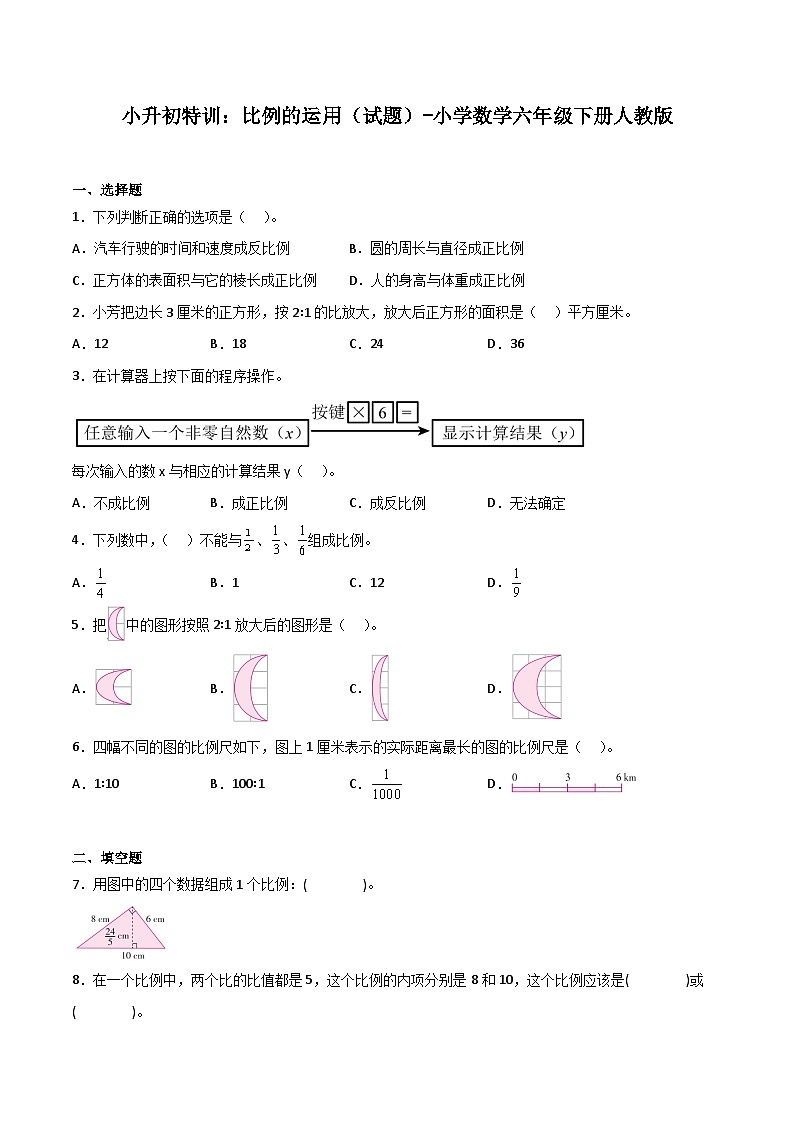 小学数学六年级下册小升初人教版专题特训：比例的运用（含答案）学案第1页