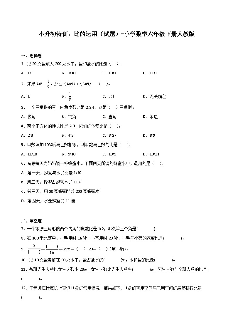 小学数学六年级下册小升初人教版专题特训：比的运用（含答案）学案第1页