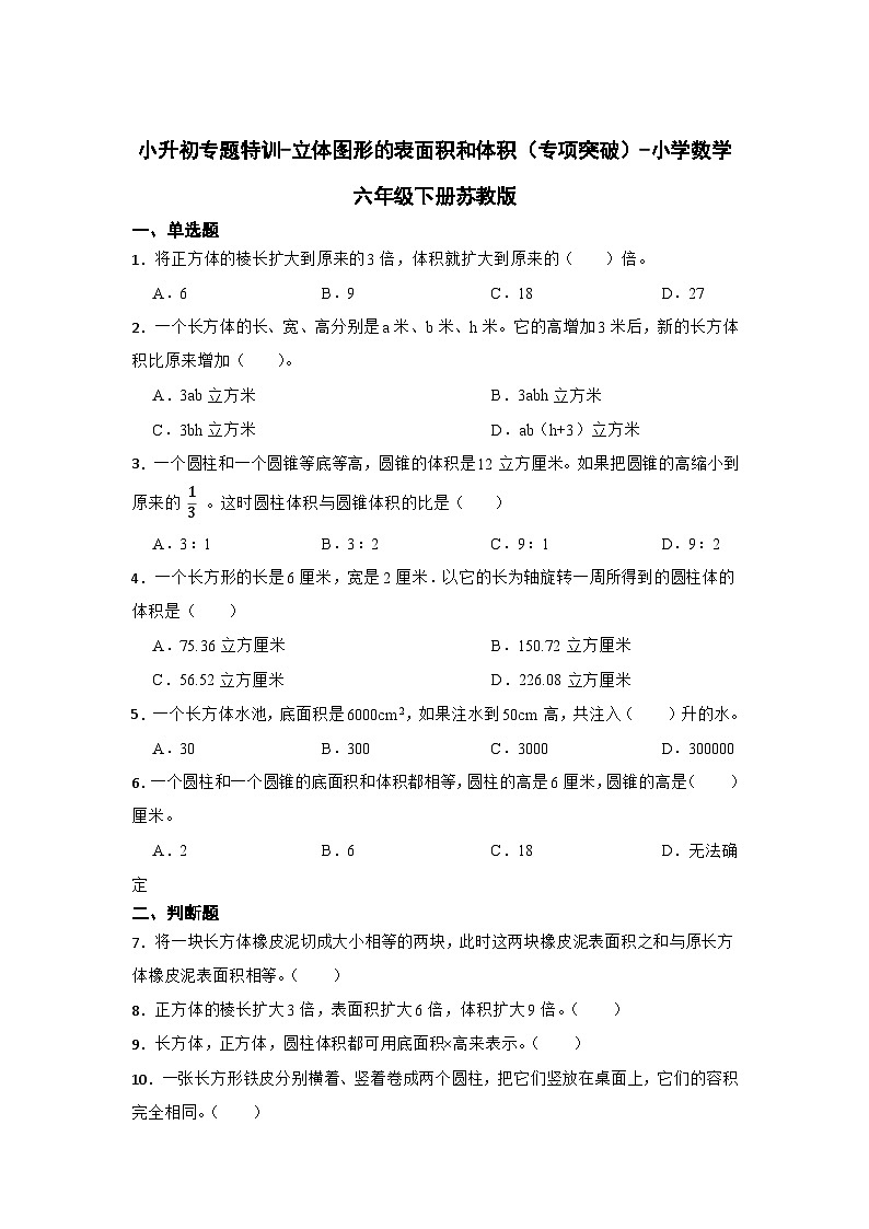小学数学六年级下学期小升初苏教版专题特训：立体图形的表面积和体积（含答案）学案01