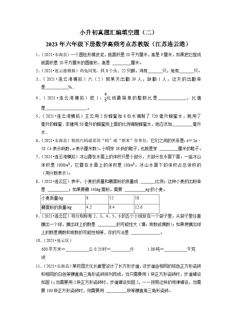 小升初真题汇编填空题（二）-2023年六年级下册数学高频考点苏教版（江苏连云港）01