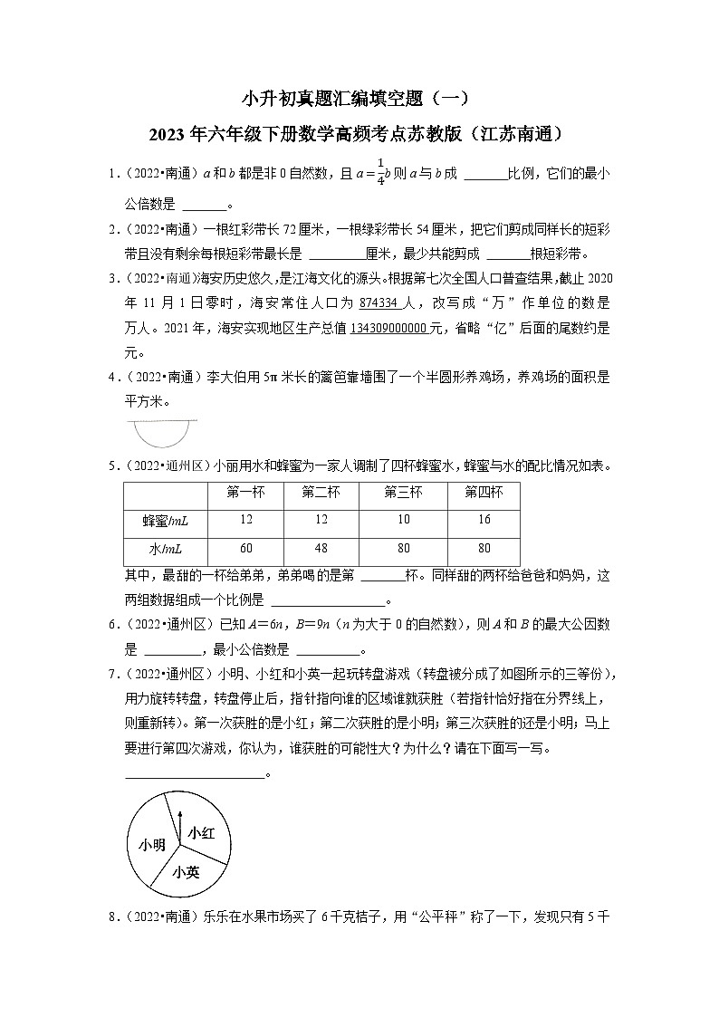 小升初真题汇编填空题（一）-2023年六年级下册数学高频考点苏教版（江苏南通）01