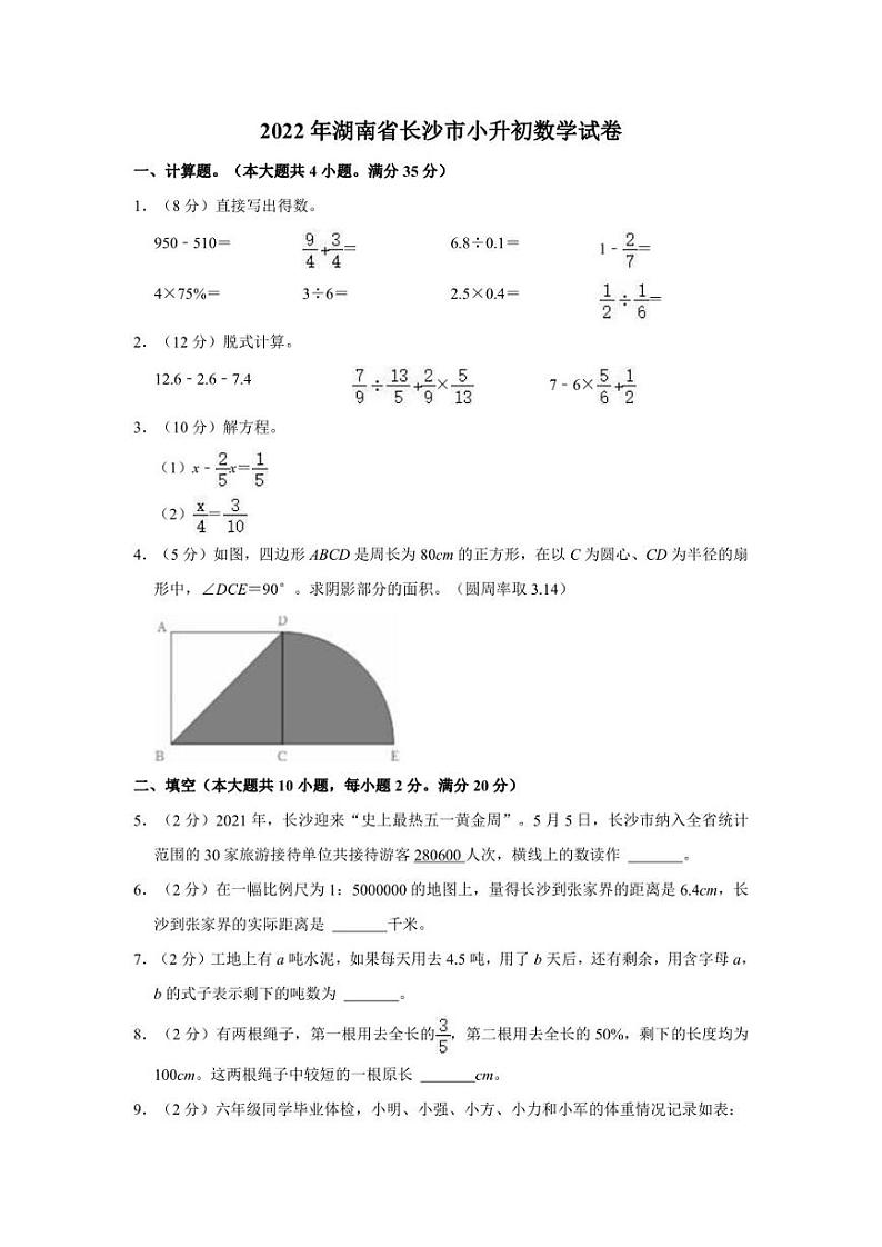 2022年湖南省长沙市小升初数学试卷01