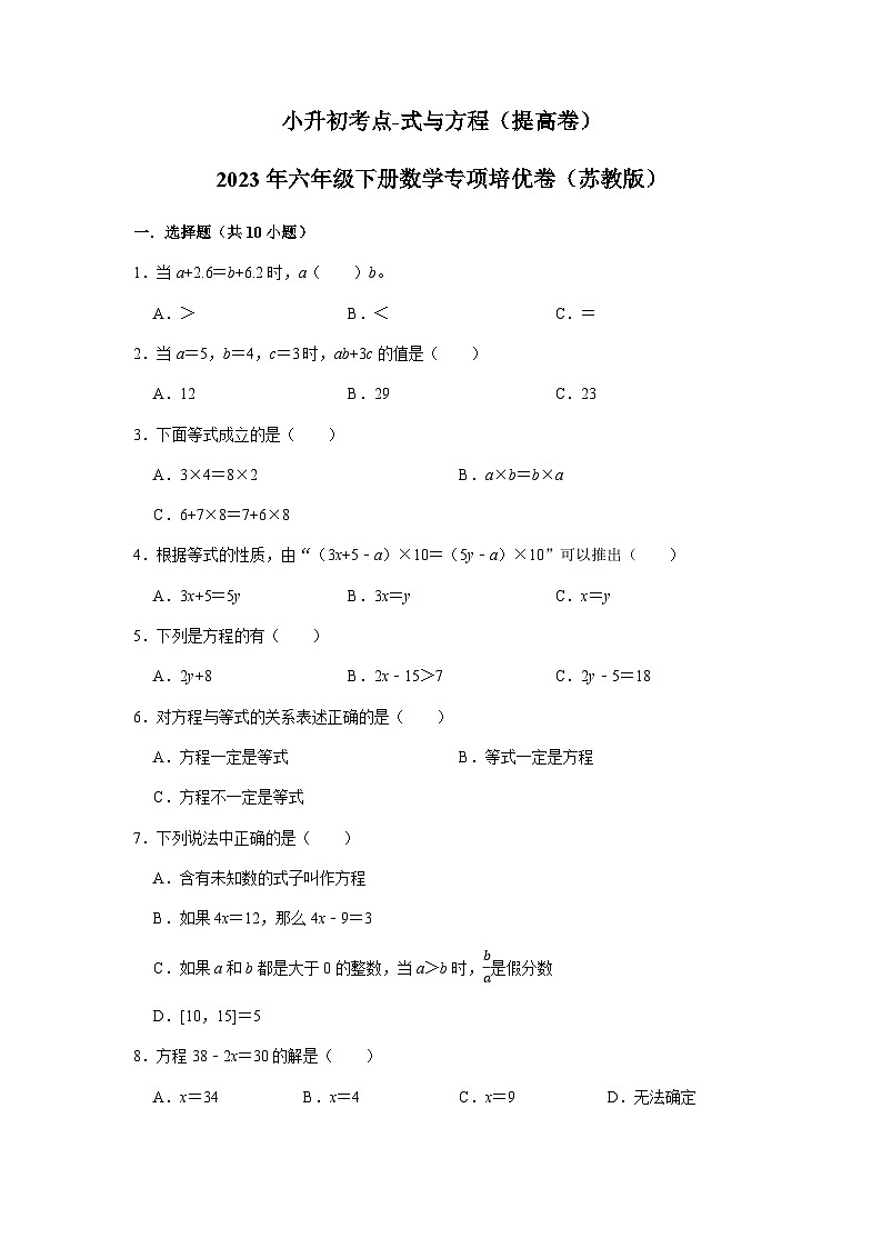 2023小升初考点分类-式与方程（提高卷）-2023年六年级下册数学专项培优卷（苏教版）第1页