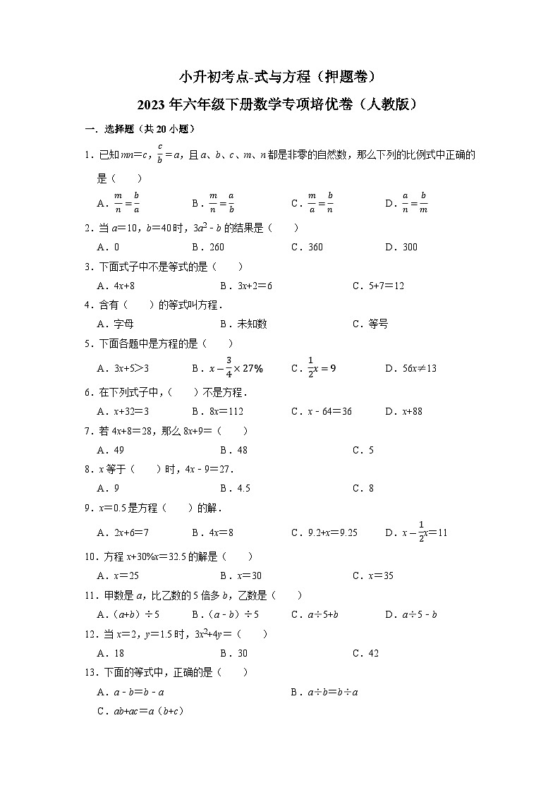 2023小升初考点分类-式与方程（押题卷）-2023年六年级下册数学专项培优卷（人教版）01