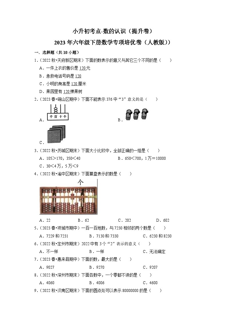 2023小升初考点分类-数的认识（提升卷）-2023年六年级下册数学专项培优卷（人教版）01