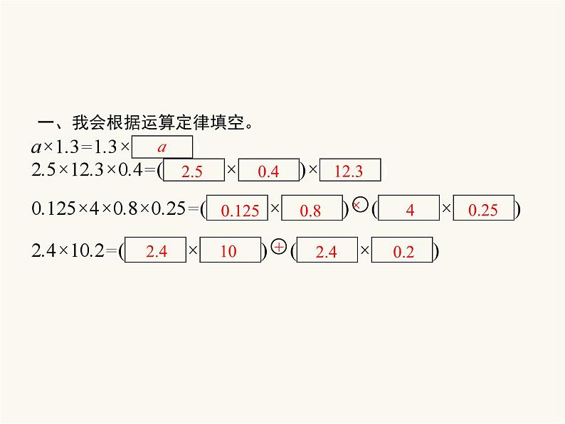 人教版（精编）小学数学五年级上册小数乘法第5课时整数乘法运算定律推广到小数教学课件02