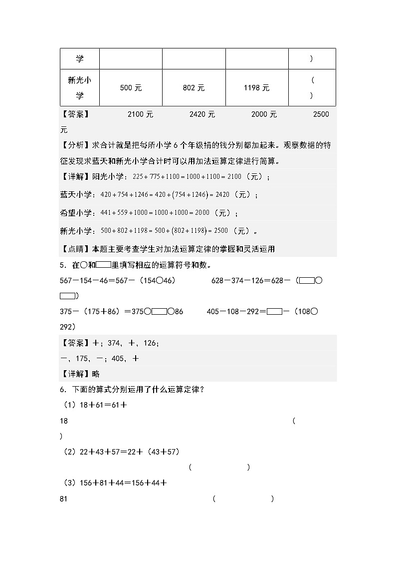 （课后作业设计）3.2加法和减法运算定律的实际应用-2022-2023学年四年级数学下册课后作业设计（原卷版+解析版）人教版03