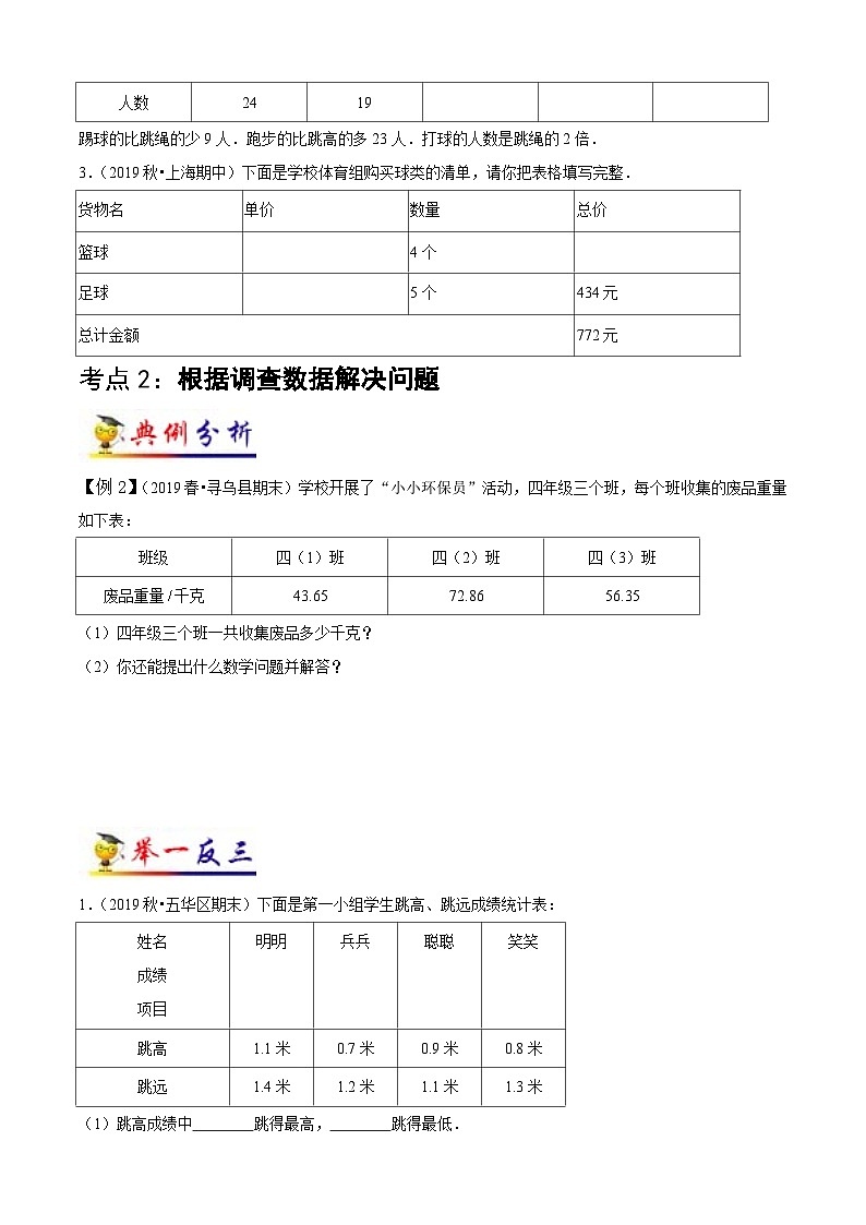 苏教版三年级下册数学热点难点培优讲义  第9讲 数据的收集和整理（二） （知识梳理+典例分析+举一反三+阶梯训练）03