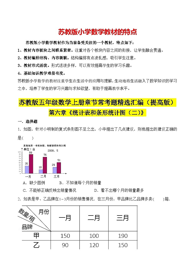 苏教版五年级上册数学热点难点培优讲义  第6章《统计表和条形统计图（二）》单元培优拔高测评卷-提高版01