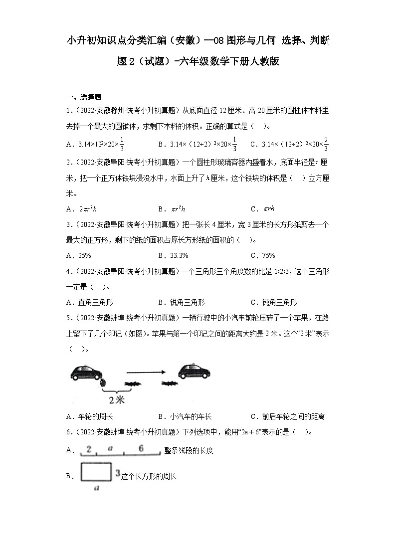 小升初知识点分类汇编（安徽）--08图形与几何选择、判断题2（试题）-六年级数学下册人教版01