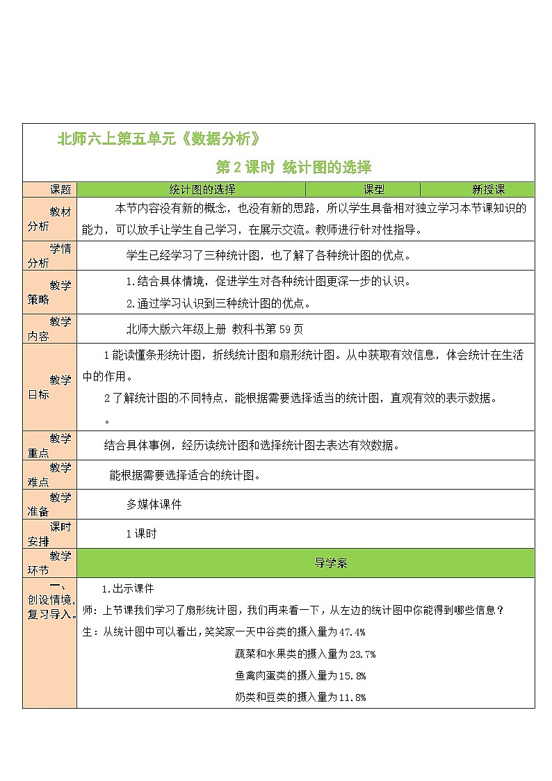 北师大版数学6年级上册 五 数据处理  第2课时 统计图的选择 PPT课件+教案01