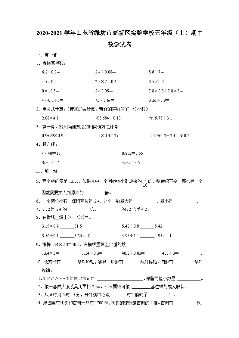 山东省潍坊市高新区实验学校2020-2021学年五年级上学期期中数学试卷01