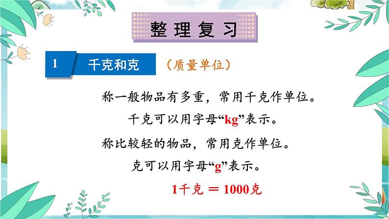 苏教版数学3年级上册 八 期末复习 第4课时 千克和克 分数的初步认识 PPT课件03