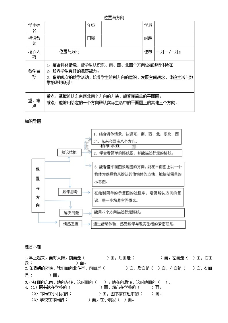 【典型例题】人教版三年级数学下册典型学案+练习（带答案）1位置与方向(一)第1页