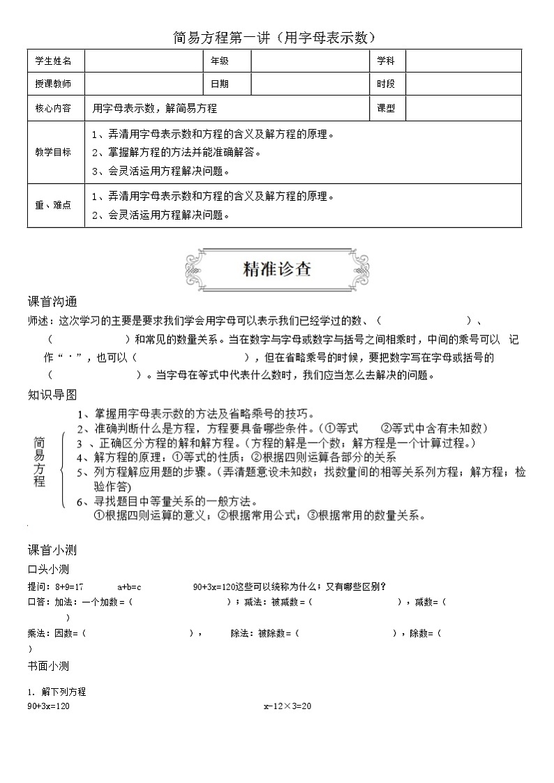 【典型例题】人教版五年级数学上册9简易方程第一讲（用字母表示数）（学案知识梳理+练习题含答案）01
