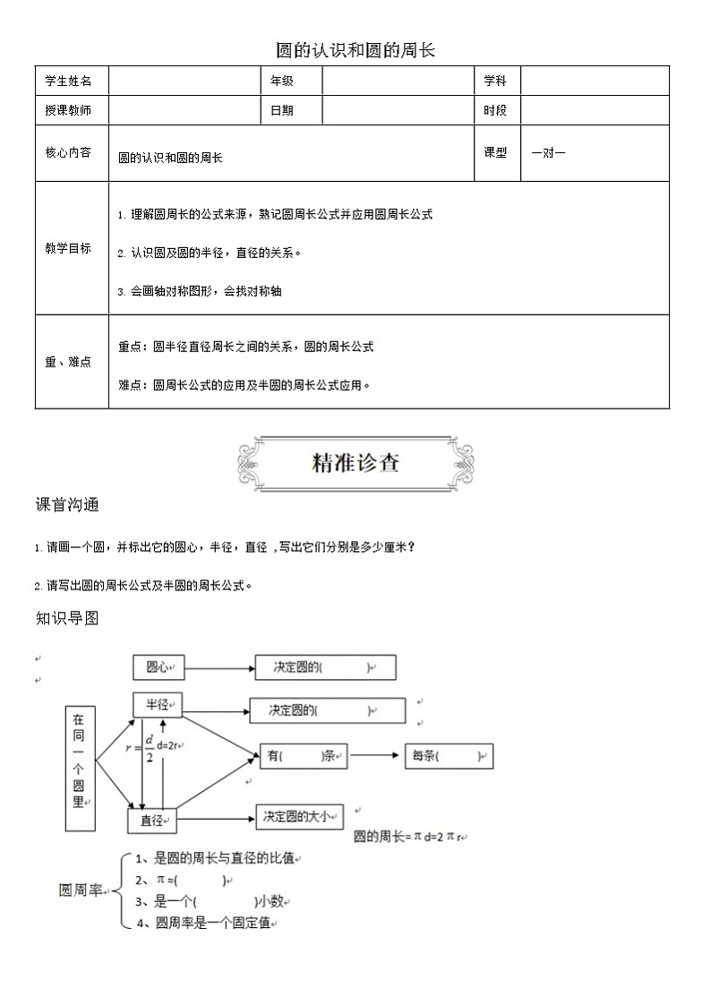 【典型例题】人教版六年级数学上册5.1圆的认识和圆的周长（学案知识梳理+练习题含答案）01