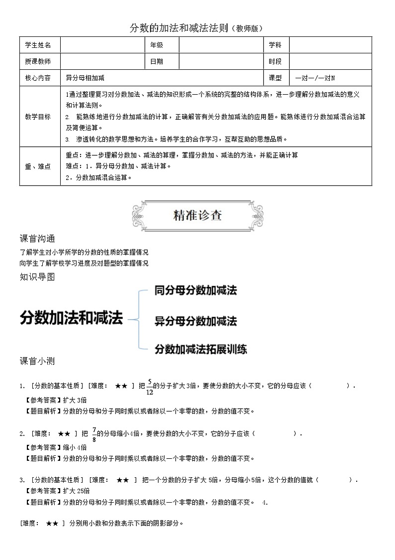 【典型例题】人教版五年级数学下册典型学案+练习（带答案）13分数的加法和减法法则01