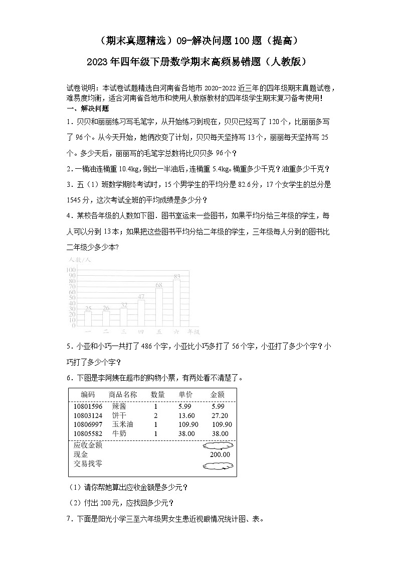 （河南期末真题精选）09-解决问题100题（提高）2023年四年级下册数学期末高频易错题（人教版）第1页