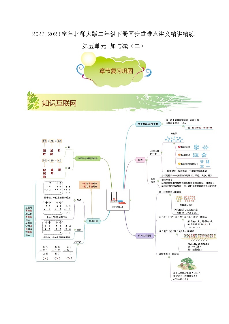 第五单元《加与减（二）》（原卷版）——【期末复习】2022-2023学年一年级下册数学单元复习知识点+练习学案（北师大版）第1页
