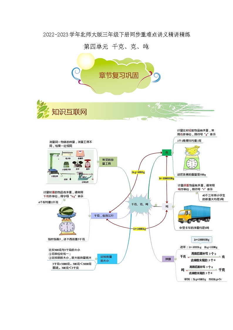 第四单元《千克、克、吨》（原卷版+解析版）——【期末复习】2022-2023学年三年级下册数学单元复习知识点+练习学案（北师大版）01