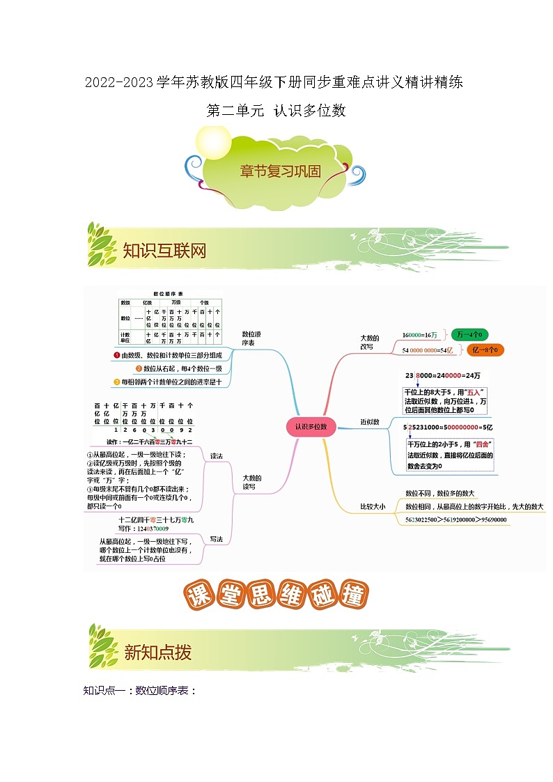第二单元《认识多位数》（原卷版+解析版）——【期末复习】2022-2023学年四年级下册数学单元复习知识点+练习学案（苏教版）01