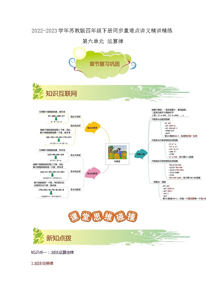 第六单元《运算律》（原卷版）——【期末复习】2022-2023学年四年级下册数学单元复习知识点+练习学案（苏教版）第1页