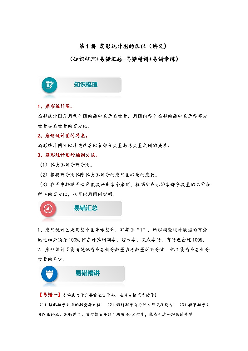 第1讲 扇形统计图的认识——2022-2023学年六年级数学下册期末专项复习（苏教版）（含答案）第1页