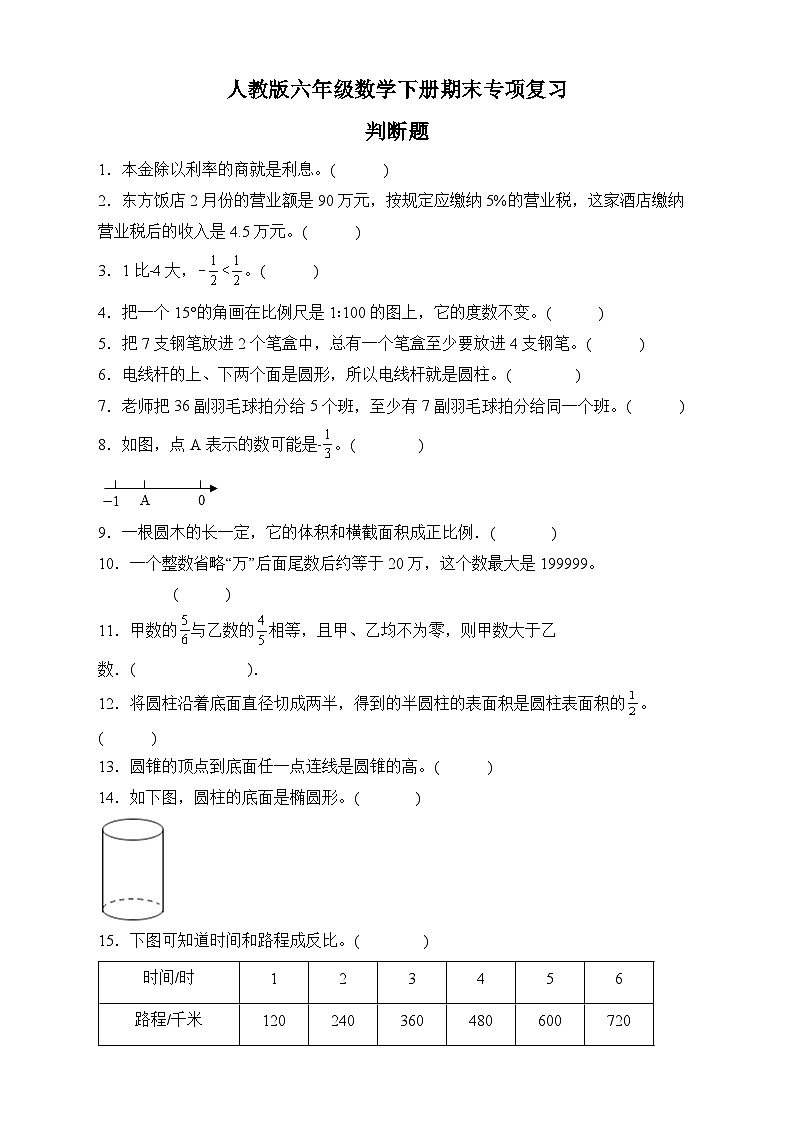人教版六年级数学下册期末专项复习：判断题（有答案）01